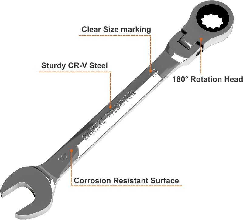 Egofine 18mm Ratchet Wrench Flex Head, Ratcheting Combination Wrench Metric, Industrial Grade Gear Spanner with 12 Point Box End, 72-Teeth Ratchet, Chrome Vanadium Steel - Image 2